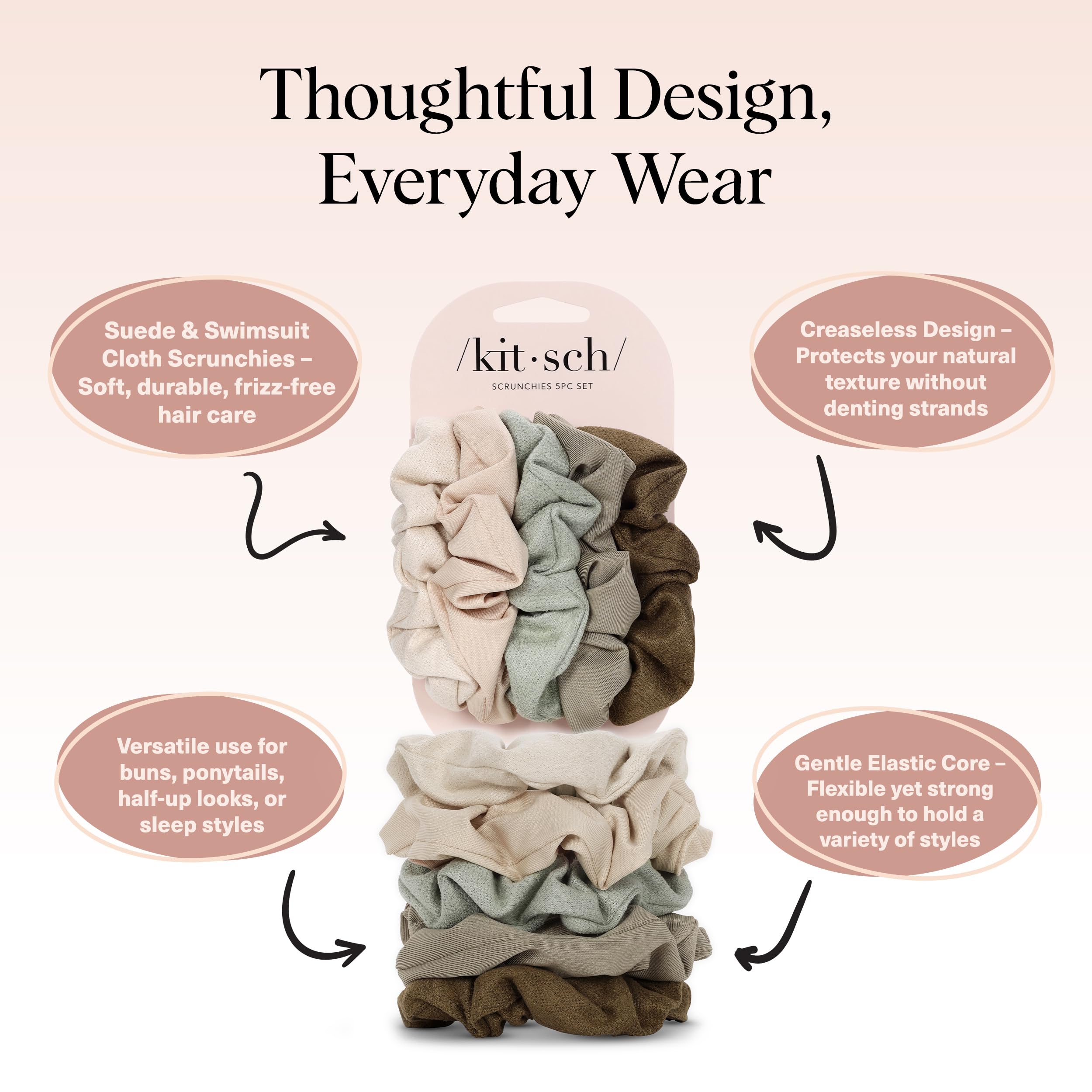 Kitsch Scrunchies para todo tipo de pelo, ideales para texturas gruesas y finas.