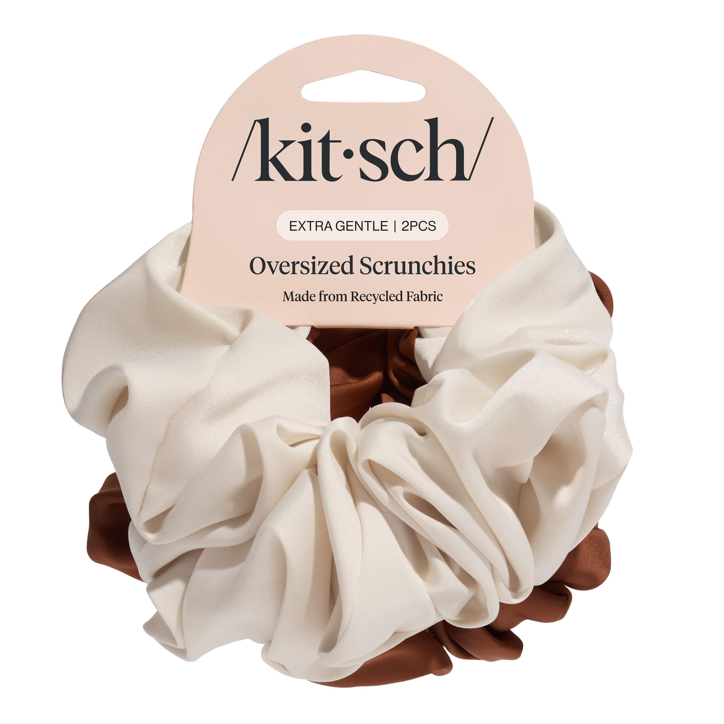 Kitsch scrunchies de satén reciclado en camel y crema para un nudo suave
