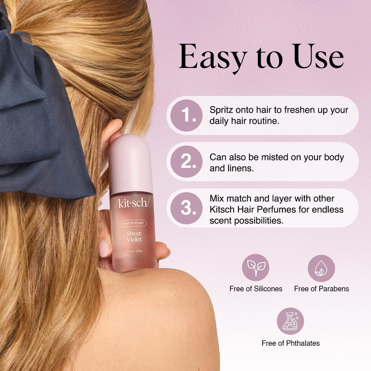 Kitsch Sheer Violet bottle closeup highlighting raspberry, violet, musk notes