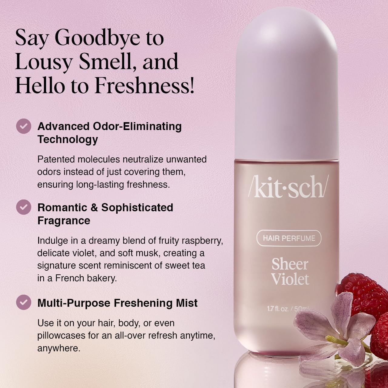 Kitsch Sheer Violet bottle side, a stylish daily scent refresh for hair