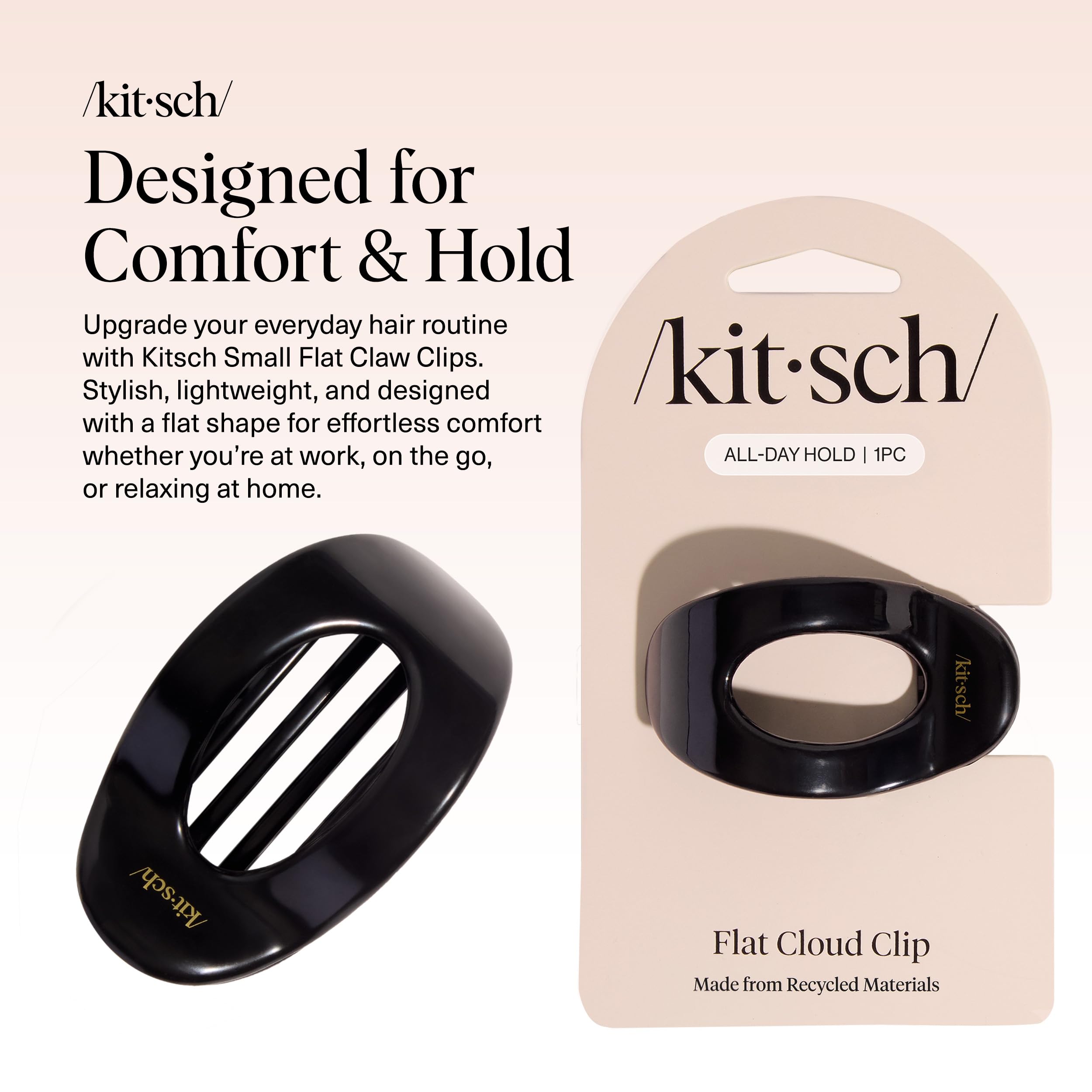 Kitsch small flat claw clip secures grip on various hair types without snagging.