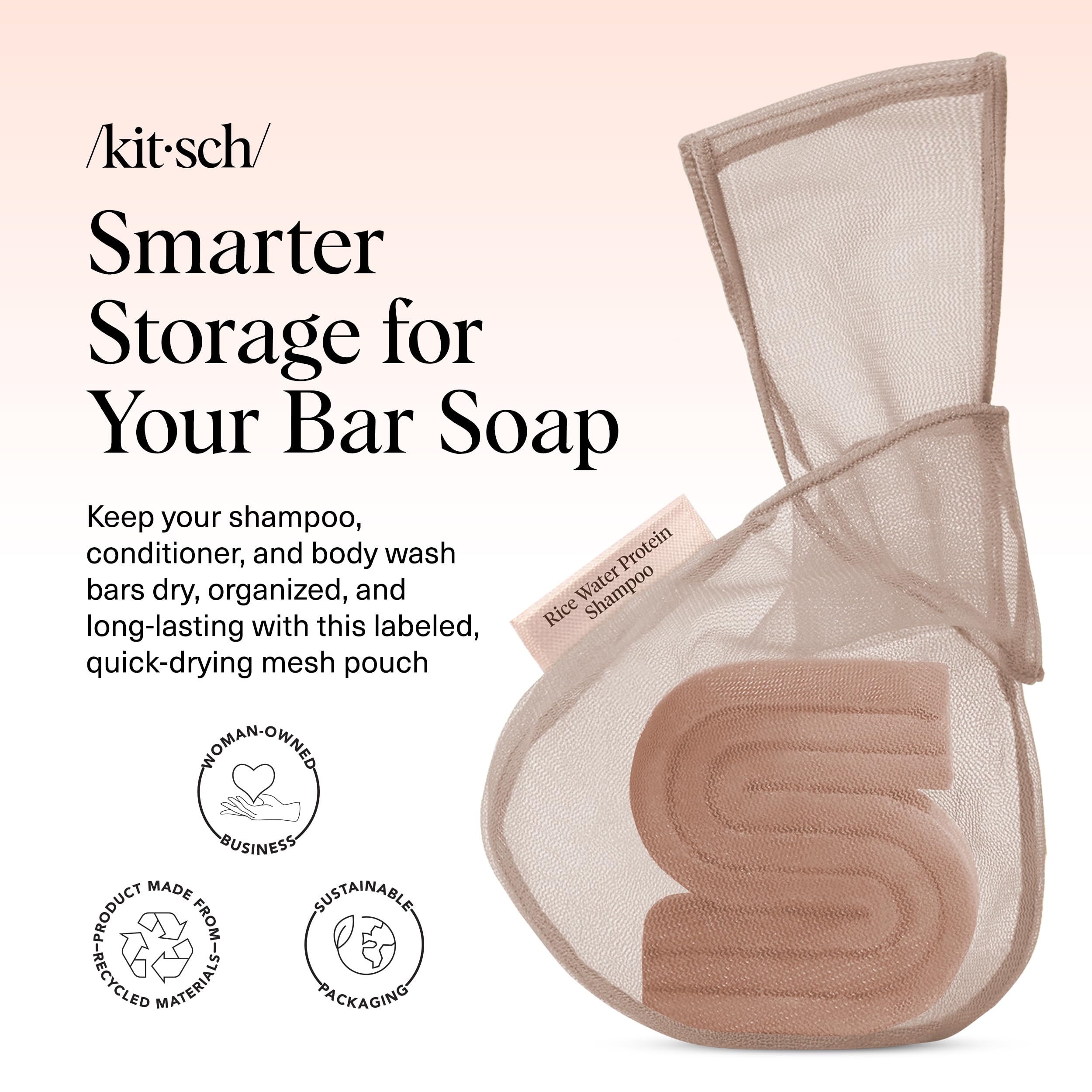Kitsch soap bag shows labeled compartments for body wash, shampoo, and conditioner
