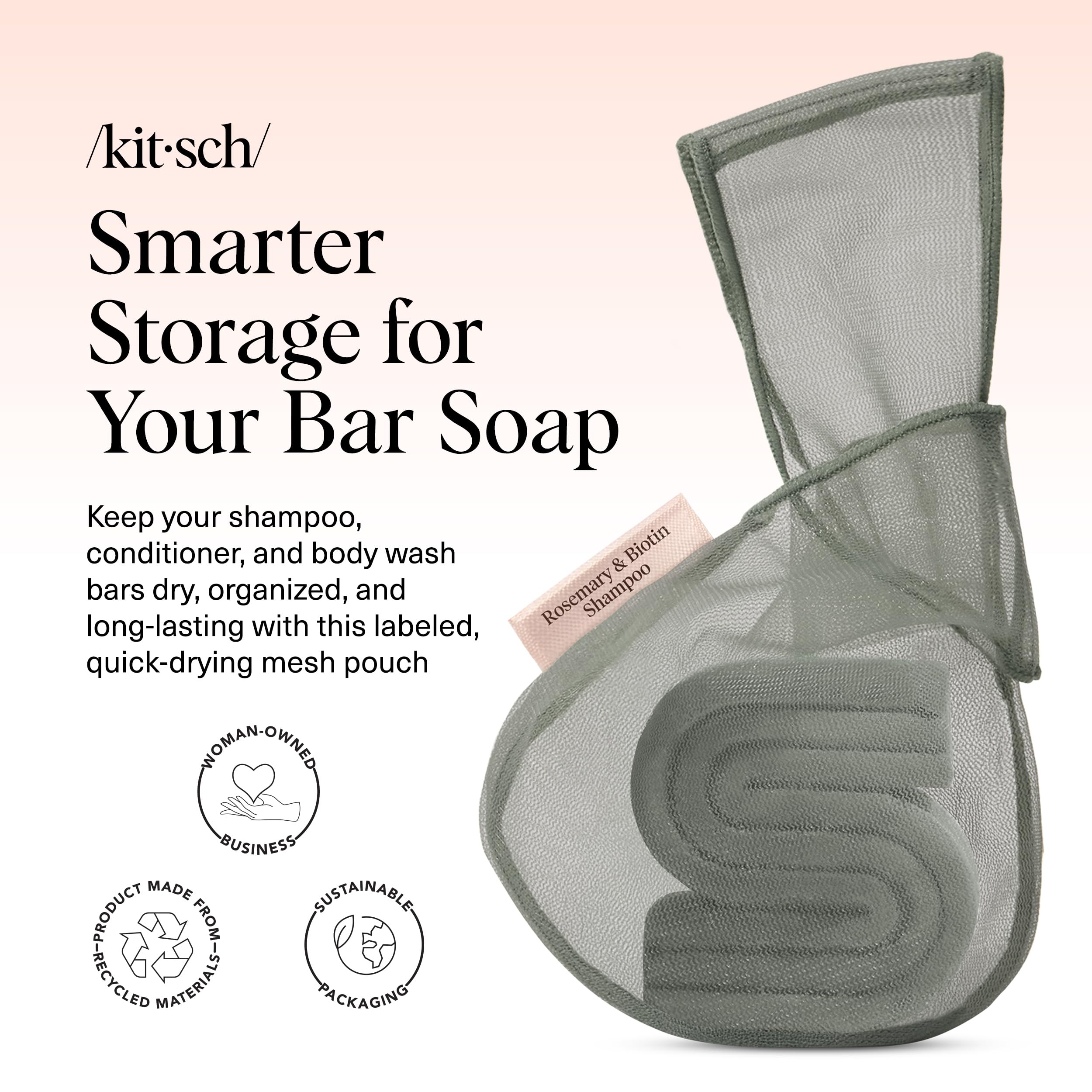 Kitsch soap bag with labeled compartments prevents mixing body wash, shampoo, and conditioner bars.