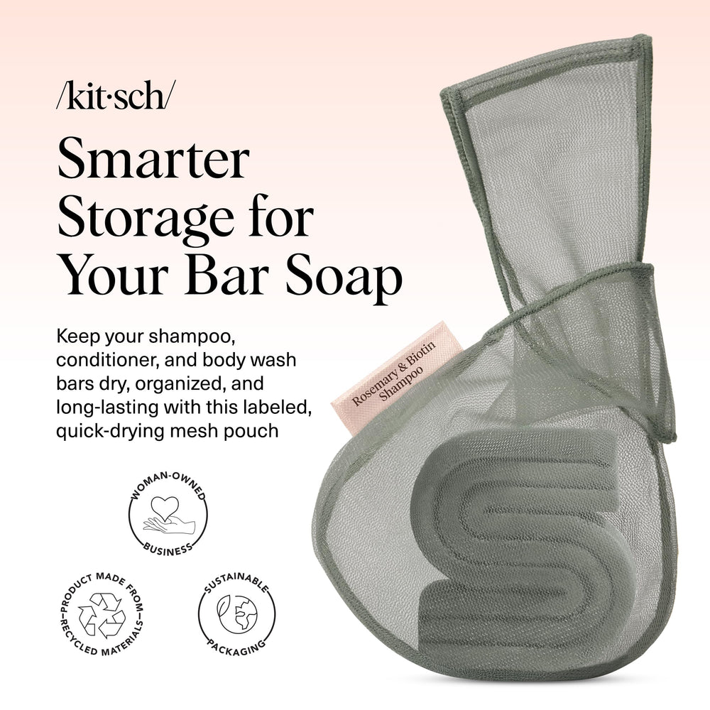 Kitsch soap bag with labeled compartments prevents mixing body wash, shampoo, and conditioner bars.