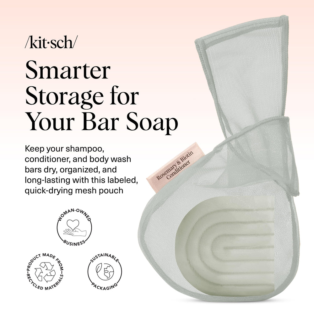 Kitsch soap bag with labeled pouches keeps body wash, shampoo, and conditioner separate.