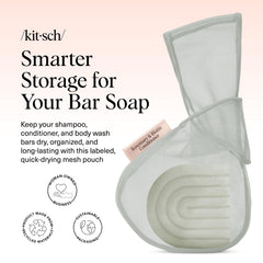 Kitsch soap bag with labeled pouches keeps body wash, shampoo, and conditioner separate.