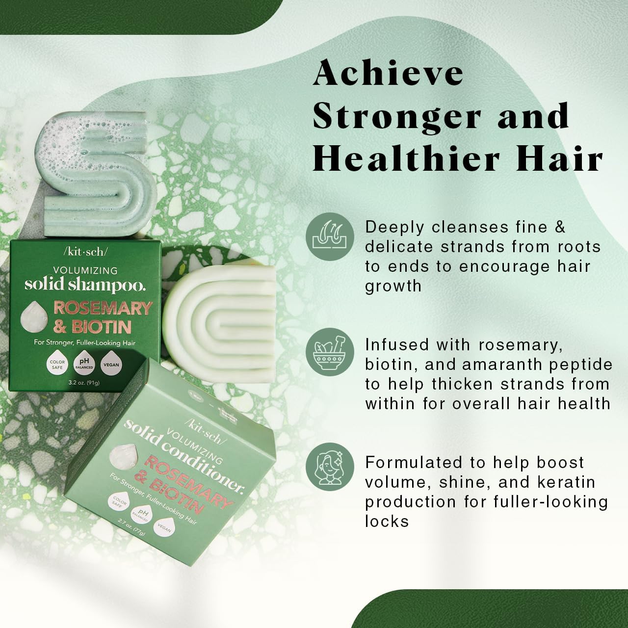 Kitsch solid haircare packaging shown, eco-friendly travel-friendly design.