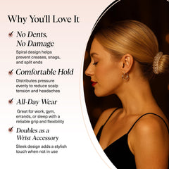 Kitsch spiral hair tie worn on wrist doubles as chic accessory.
