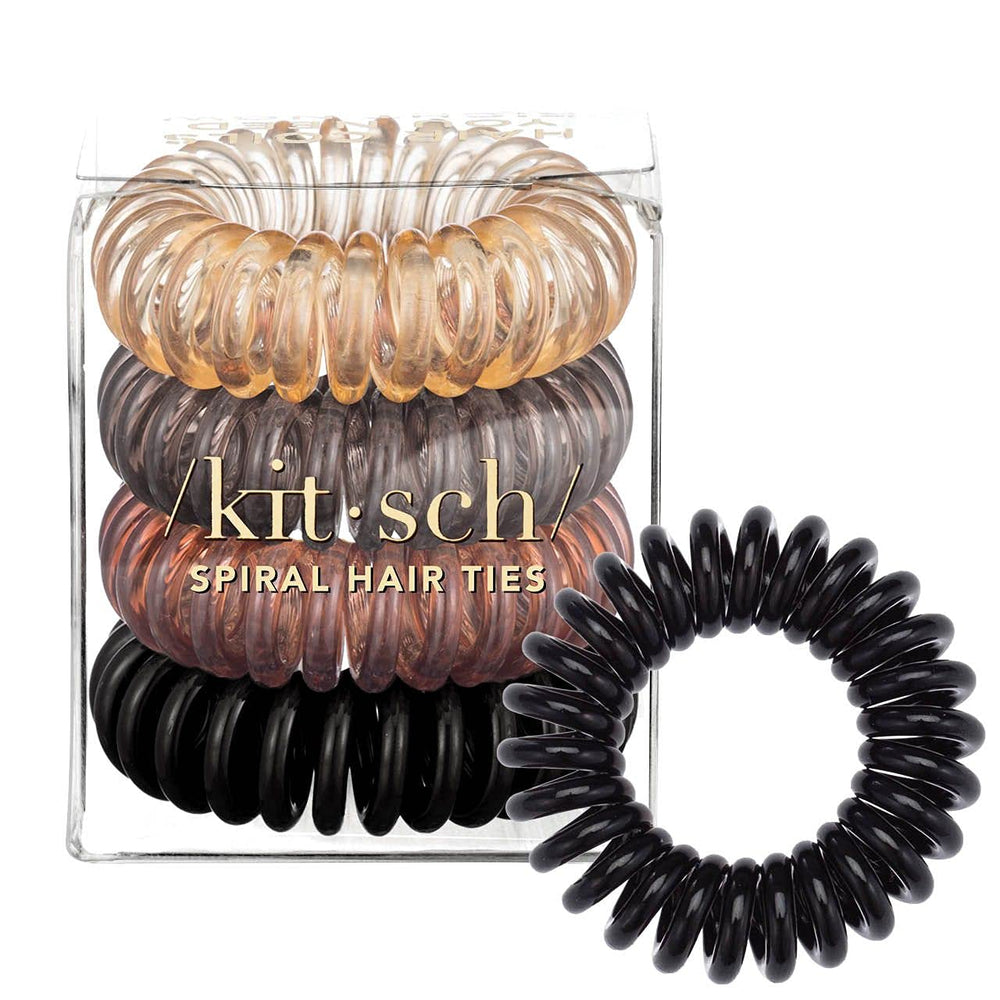 Kitsch spiral hair ties brunette closeup shows crease-free hold and gentle tension.