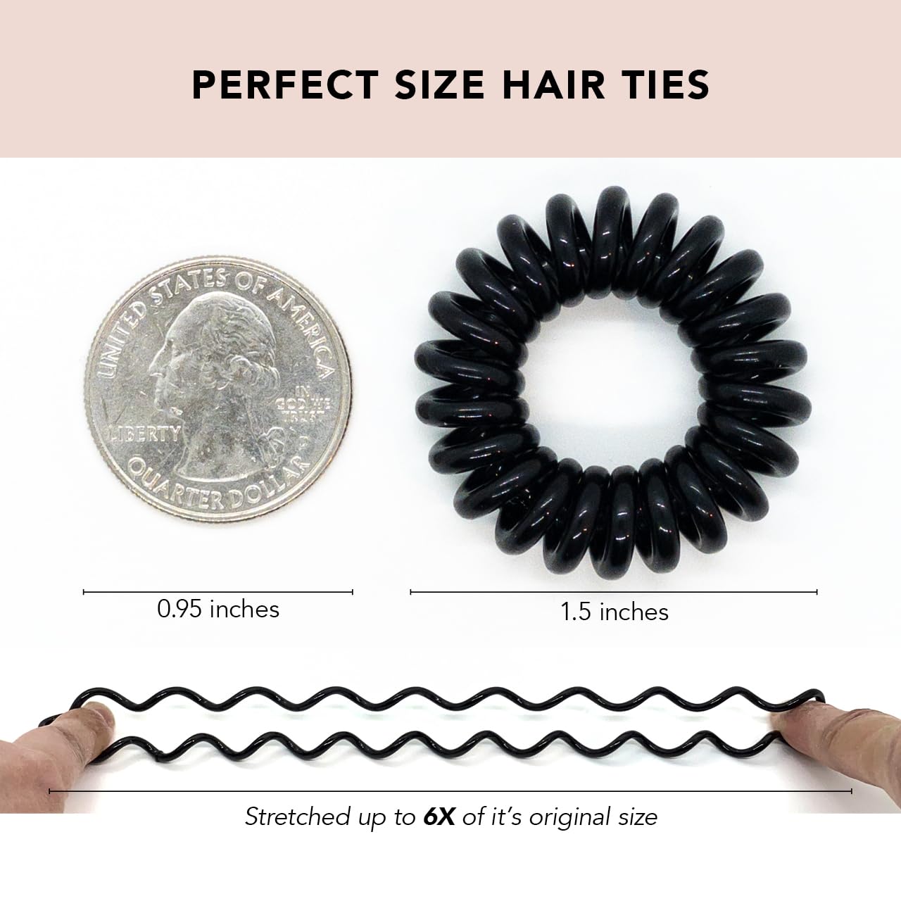 Kitsch spiral brunette on ponytail demonstrates secure, dent-free style for all hair types.