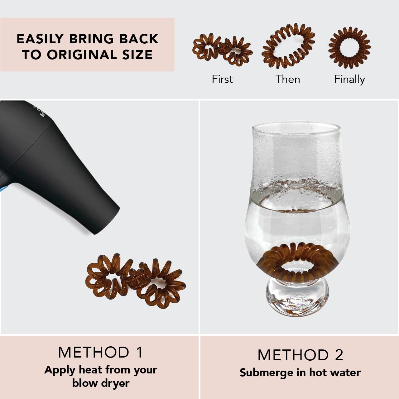 Kitsch brunette spiral hair tie on wet hair showcases hygienic, quick-dry convenience.