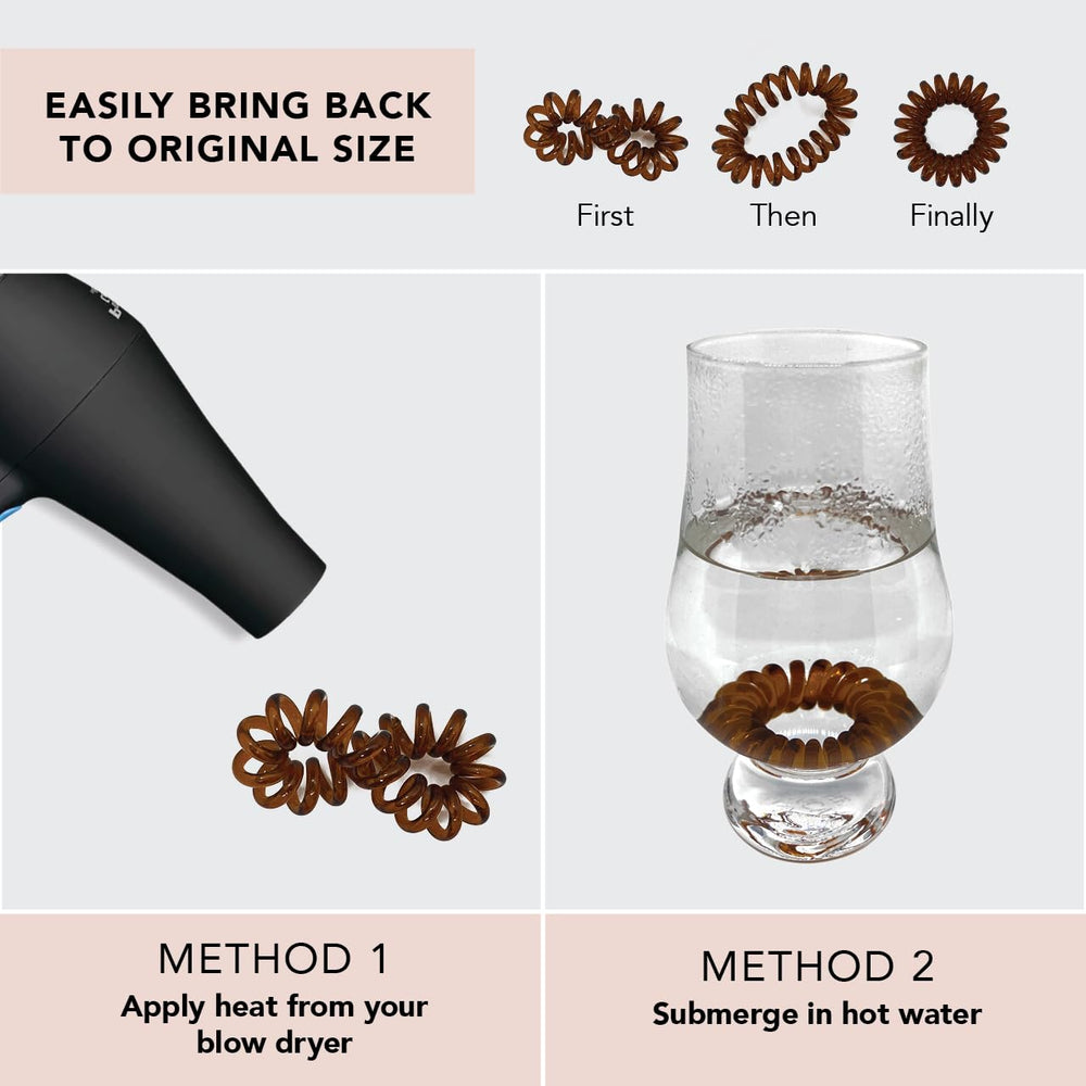 Kitsch brunette spiral hair tie on wet hair showcases hygienic, quick-dry convenience.