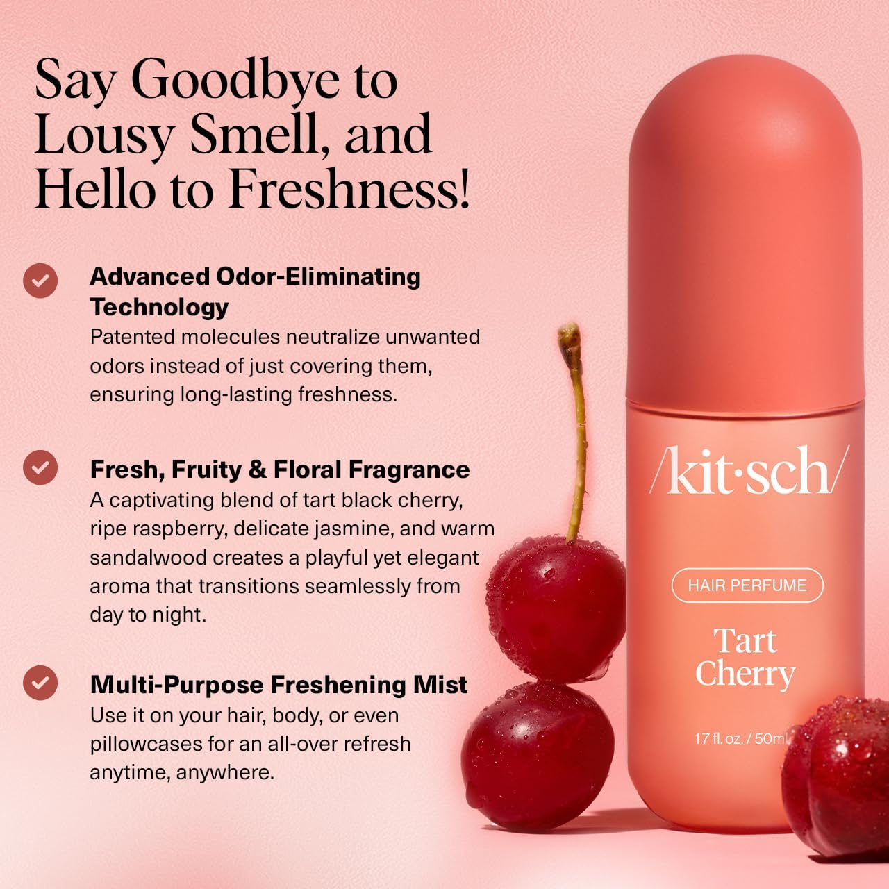 Kitsch Tart Cherry body mist spray for on-the-go freshness.