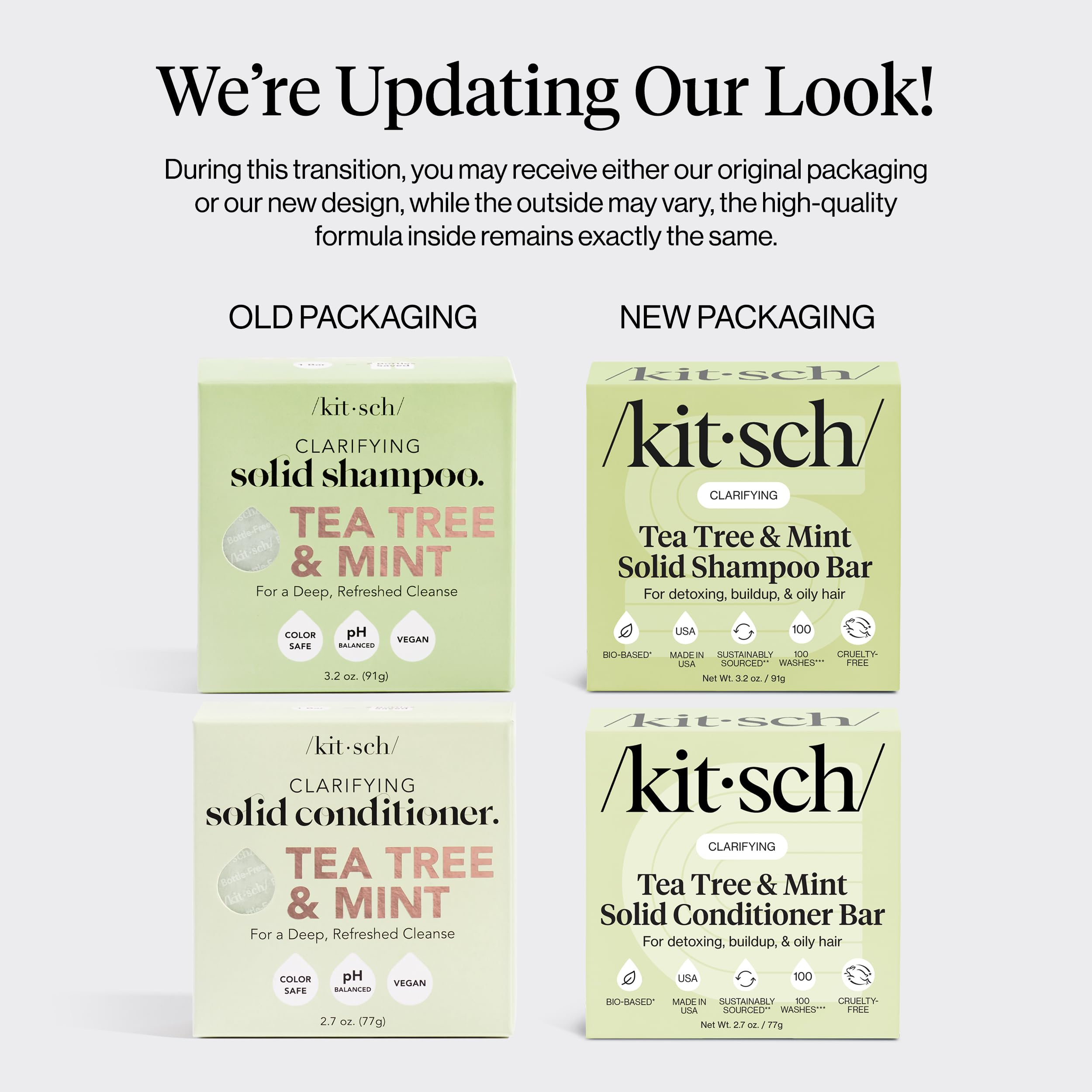 Kitsch Tea Tree Conditioner Bar packaging shows paraben-free formula and travel-friendly convenience.
