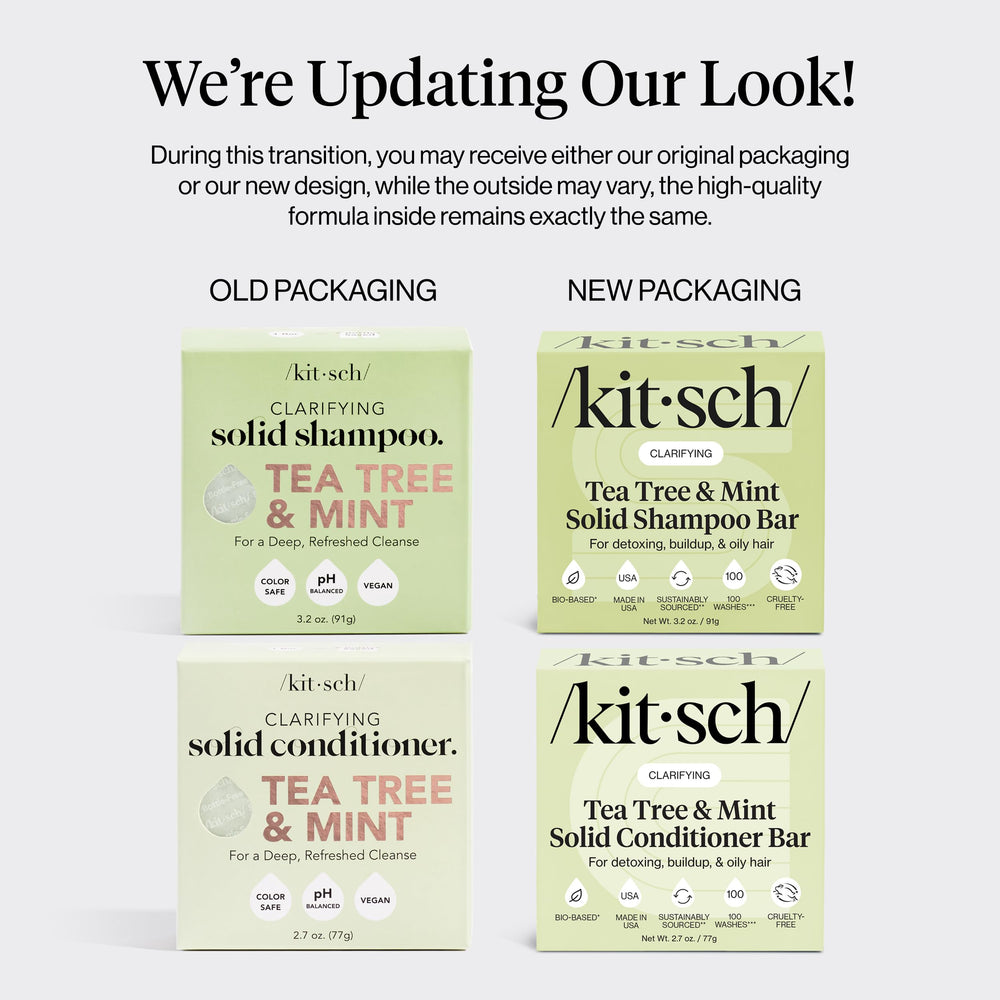 Kitsch Tea Tree Conditioner Bar packaging shows paraben-free formula and travel-friendly convenience.