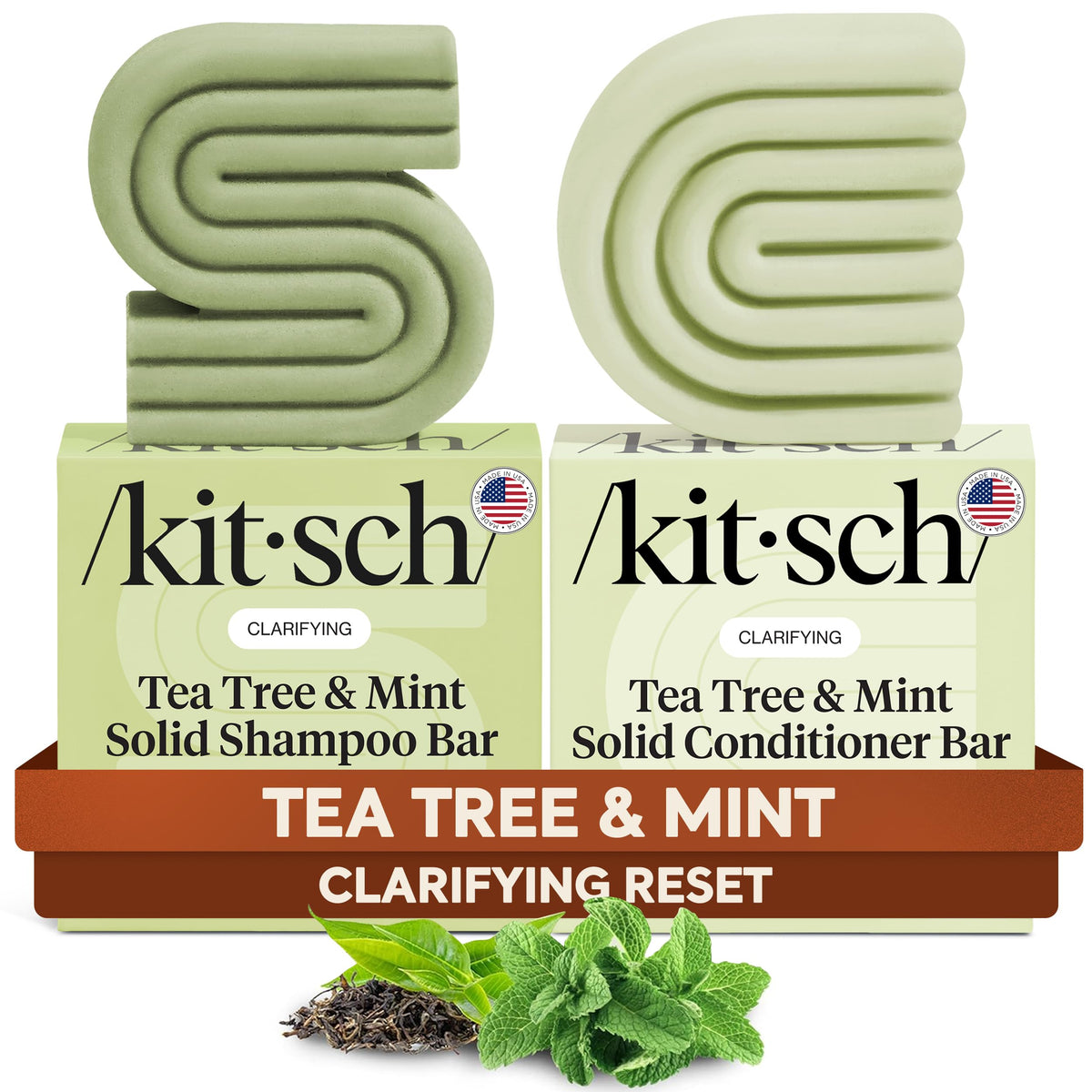 Kitsch Tea Tree Shampoo Bar packaging highlights eco-friendly design for clean, sustainable hair care.