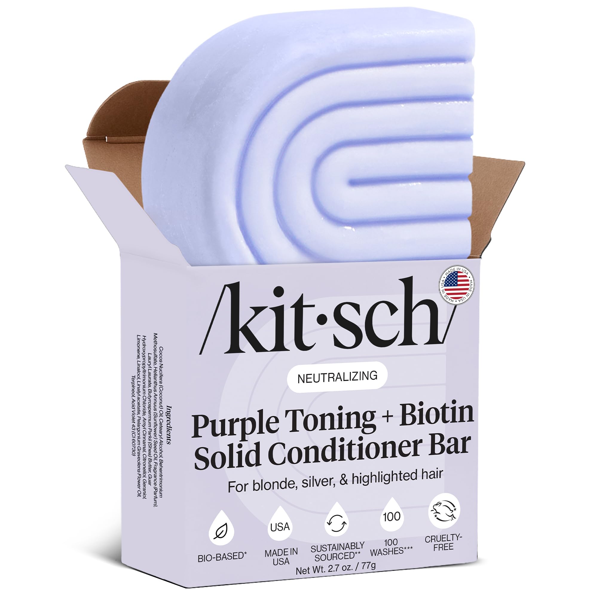 Kitsch tono púrpura acondicionador barra: empaque sostenible para reducir plástico.