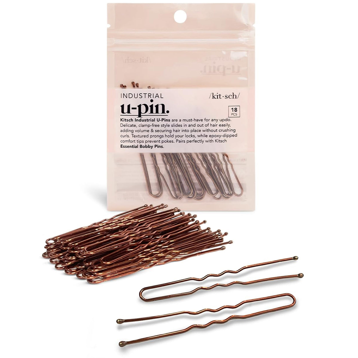Kitsch U-Pin marrón de 3 pulgadas para fijar peinados con seguridad.