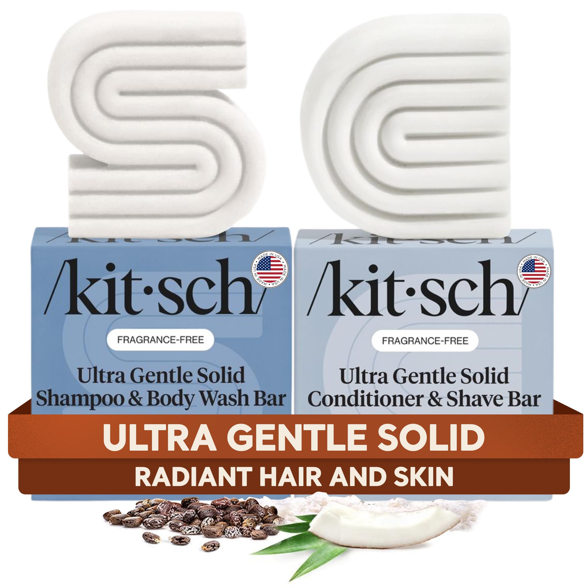 Kitsch Ultra Sensitive shampoo bar front view highlighting fragrance-free formula for hair and skin.