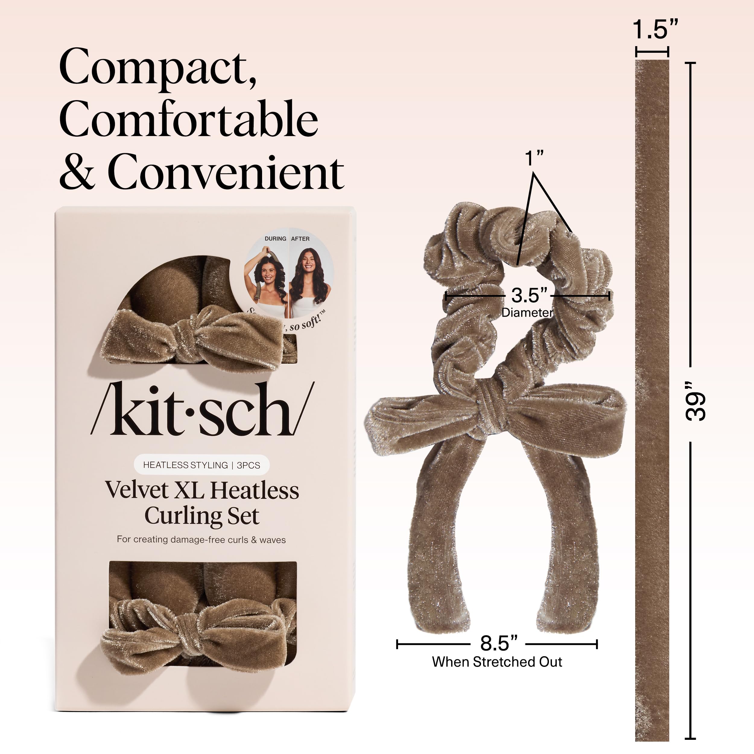 Kitsch Velvet XL long hair curling creates loose waves.
