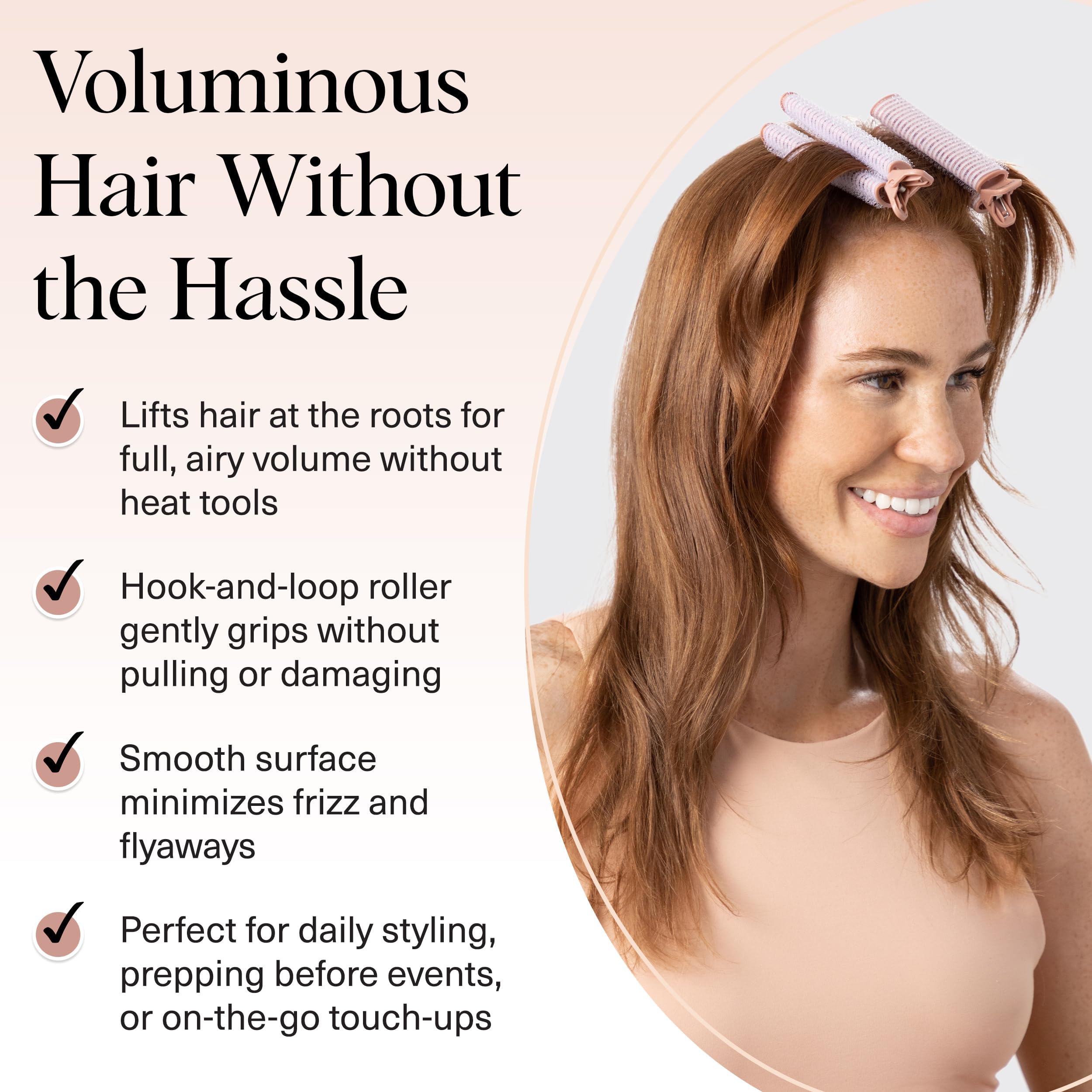 Kitsch satin roller surface gliding through hair for smooth volume.