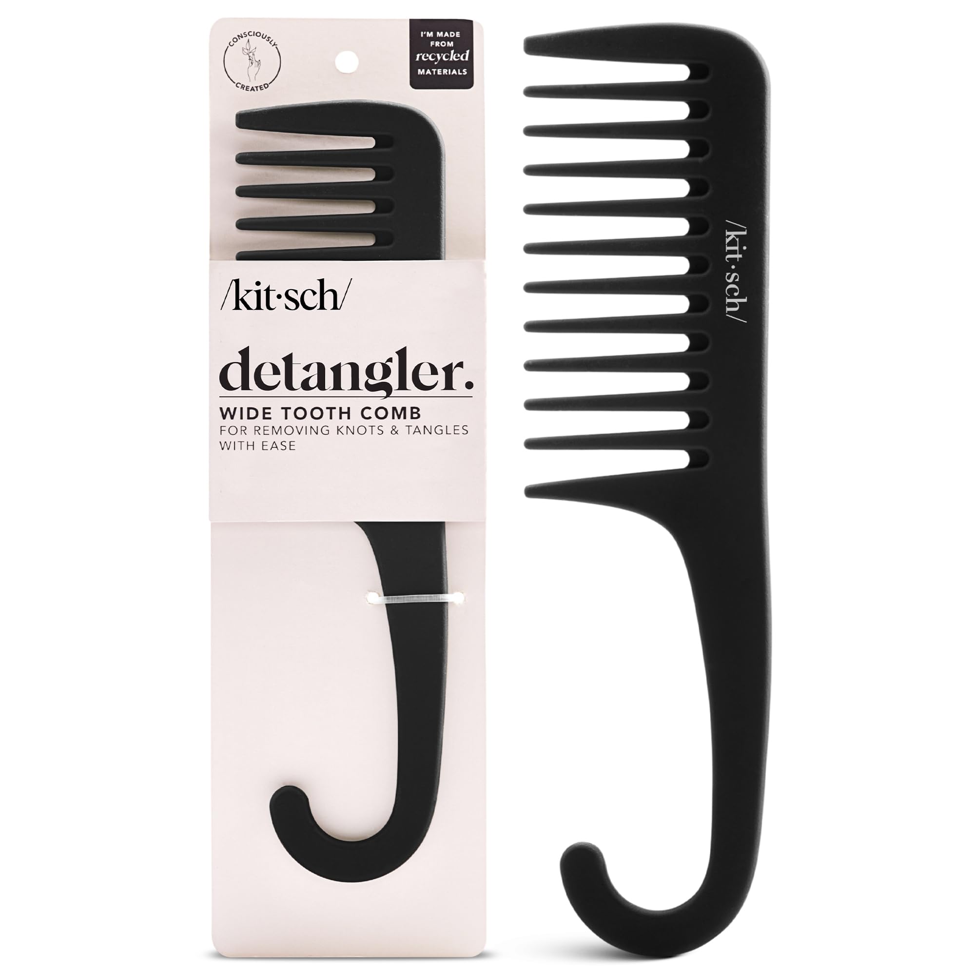 Kitsch wide-tooth detangler comb with curved handle eases detangling for all hair types