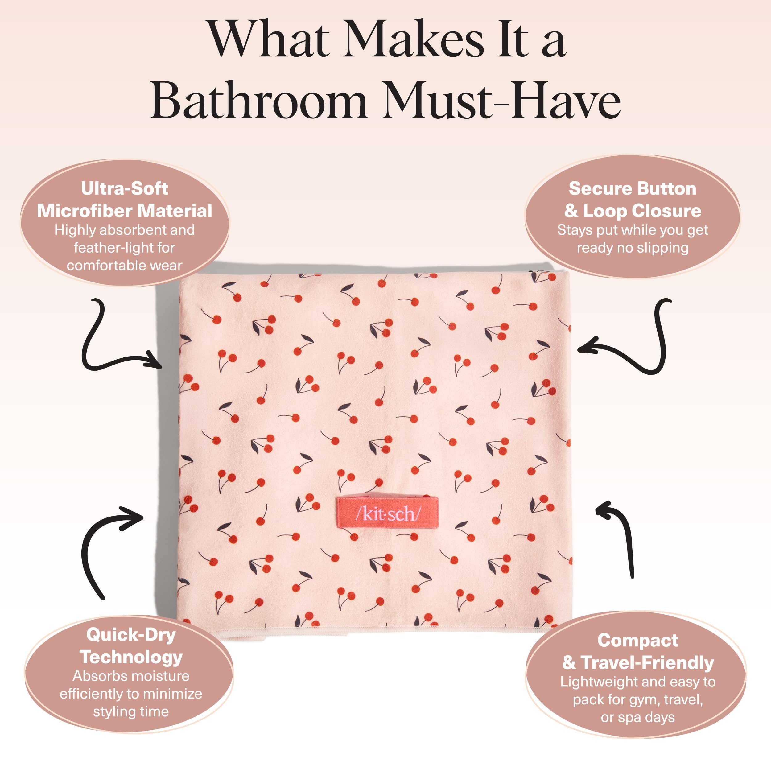 Kitsch XL cherry print microfiber towel wrap shown as travel-friendly drying solution.
