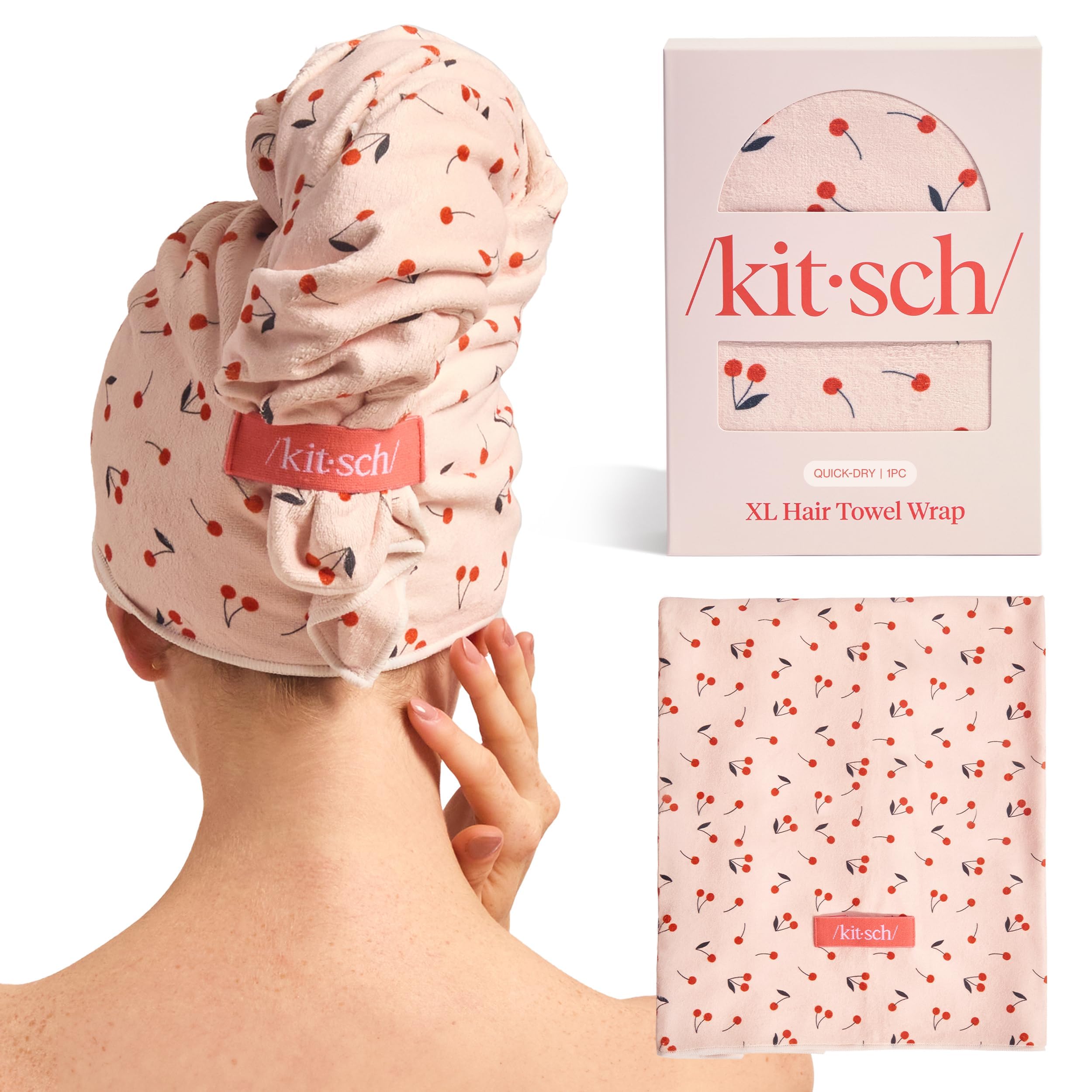 Kitsch XL cherry print microfiber towel wrap folded for compact storage and quick drying.