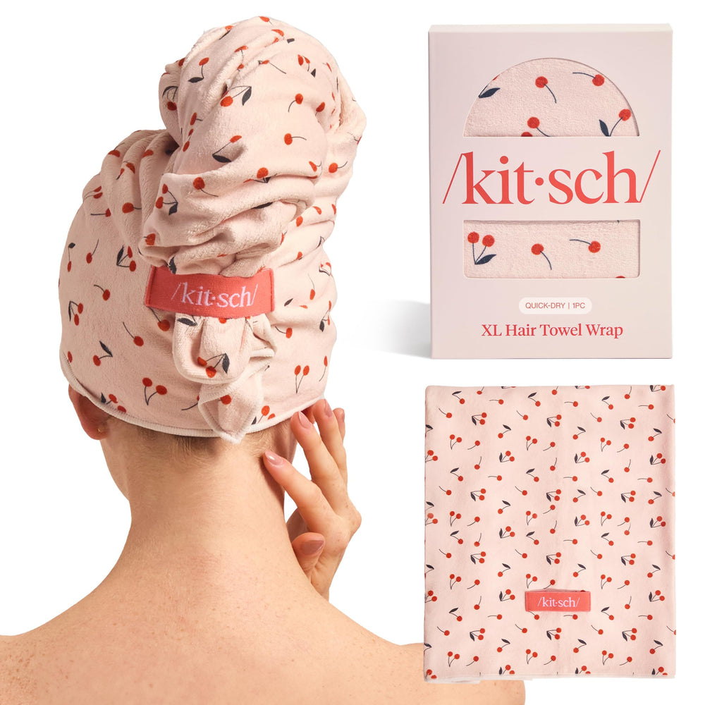 Kitsch XL cherry print microfiber towel wrap folded for compact storage and quick drying.