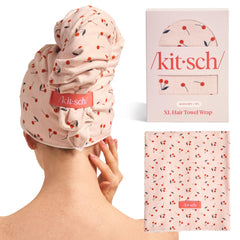 Kitsch XL cherry print microfiber towel wrap folded for compact storage and quick drying.
