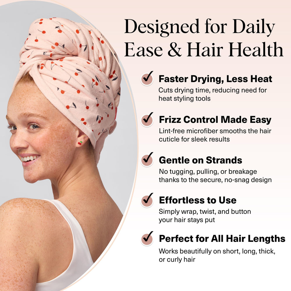 Kitsch XL cherry print microfiber wrap with secure loop stays in place during routines.