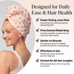 Kitsch XL cherry print microfiber wrap with secure loop stays in place during routines.