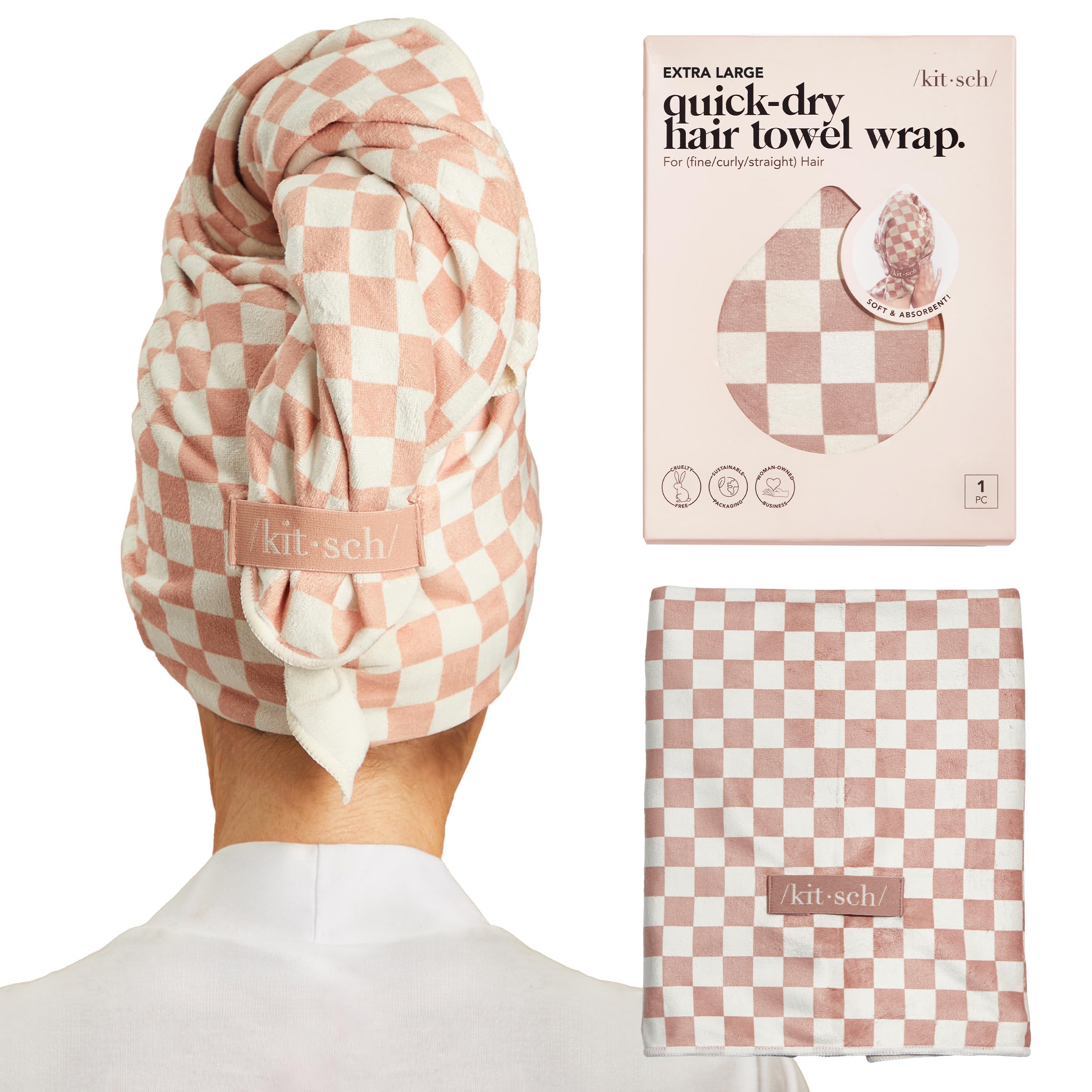 Kitsch XL microfiber hair towel wrap in terracotta checkered close-up for fast hair drying