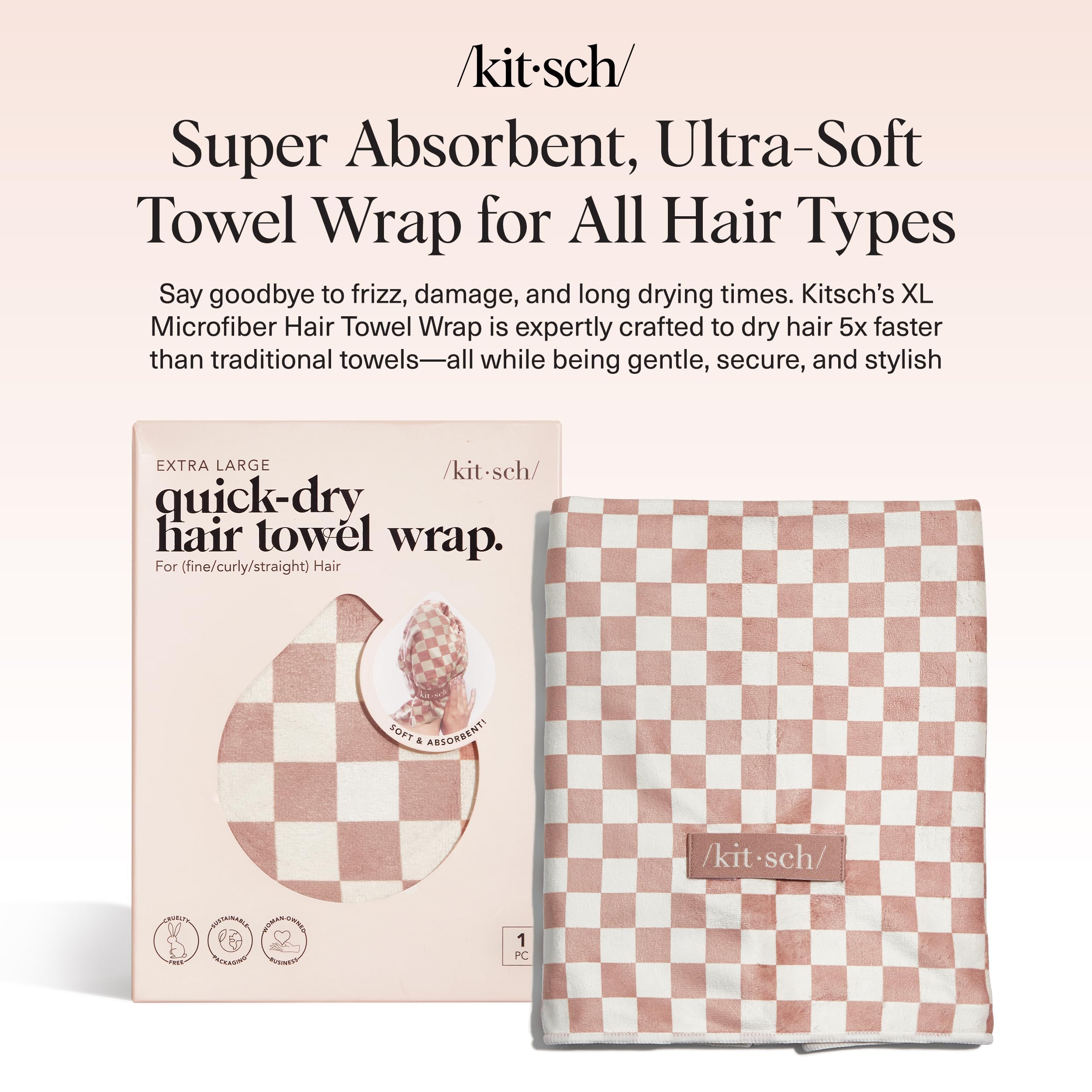 Kitsch XL microfiber towel wrap in terracotta checkered folded for compact storage