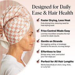 Kitsch XL microfiber towel wrap on wet hair demonstrates high absorbency for quicker drying