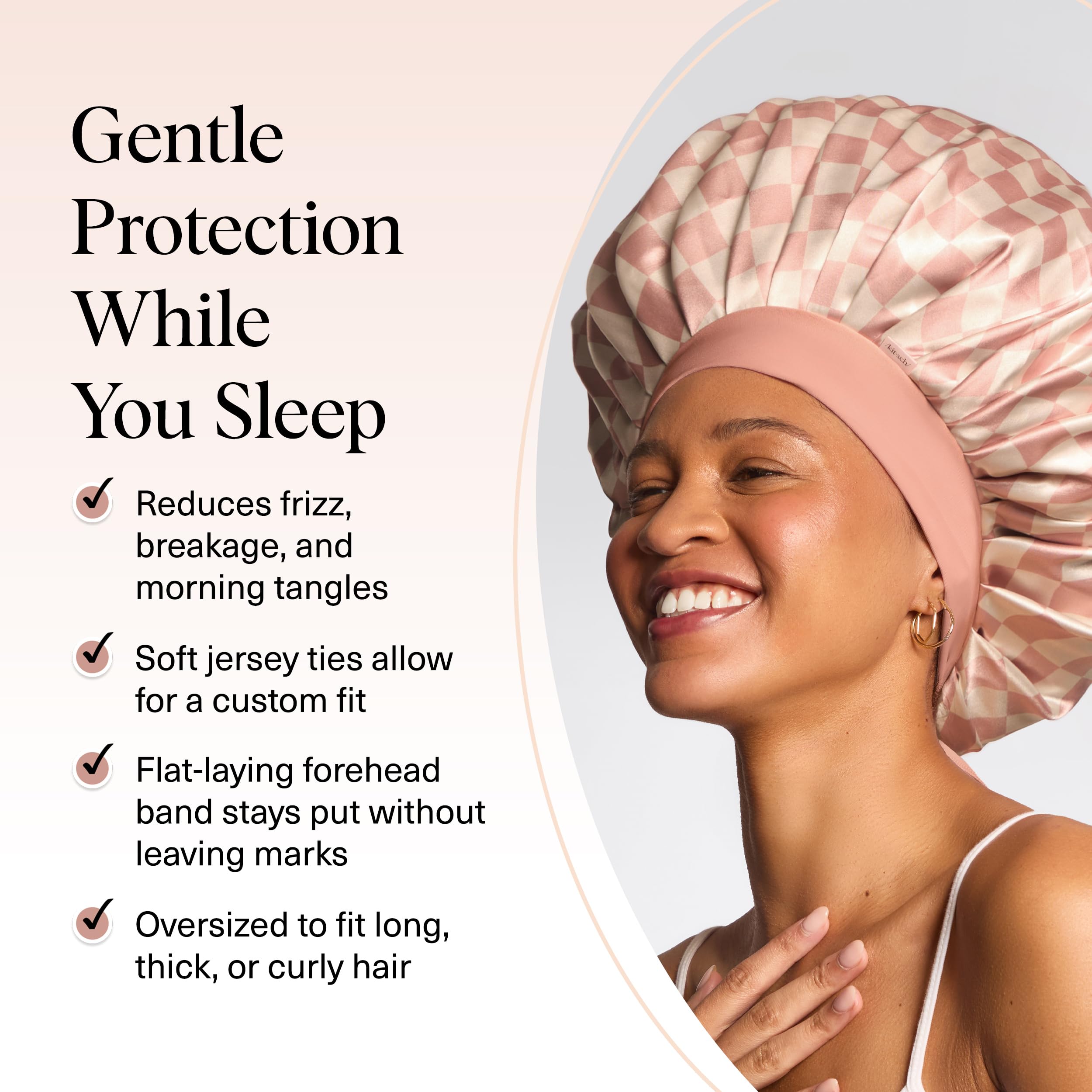Kitsch XL satin bonnet double-layer satin reduces friction for smoother mornings.