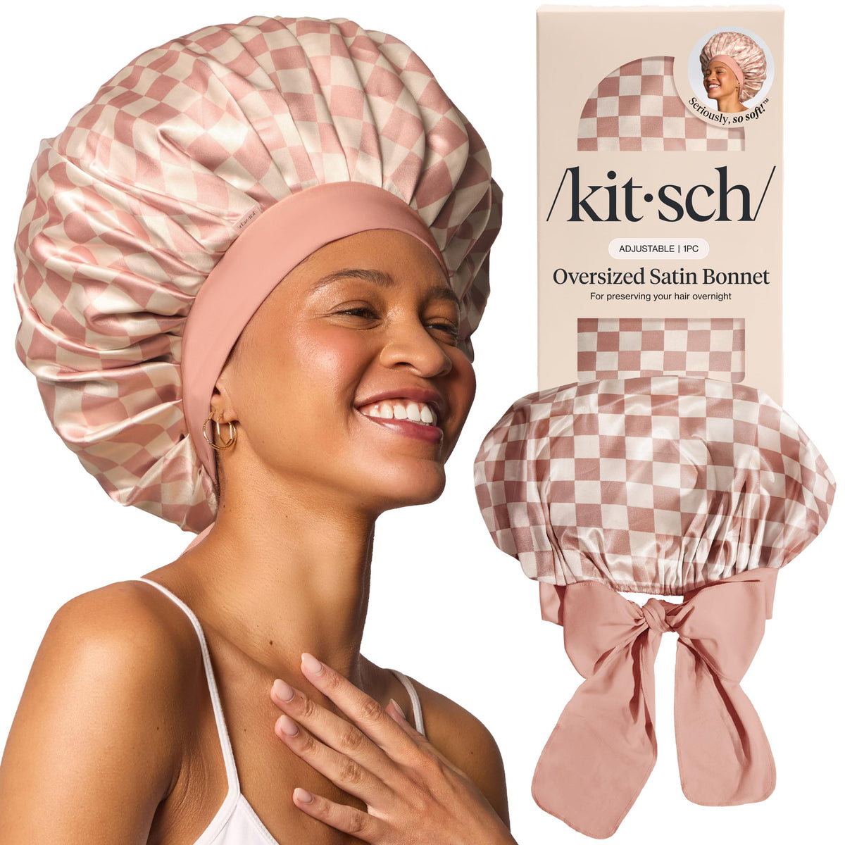 Kitsch XL satin bonnet for sleeping in terracotta checker cushions hair overnight with gentle satin protection.