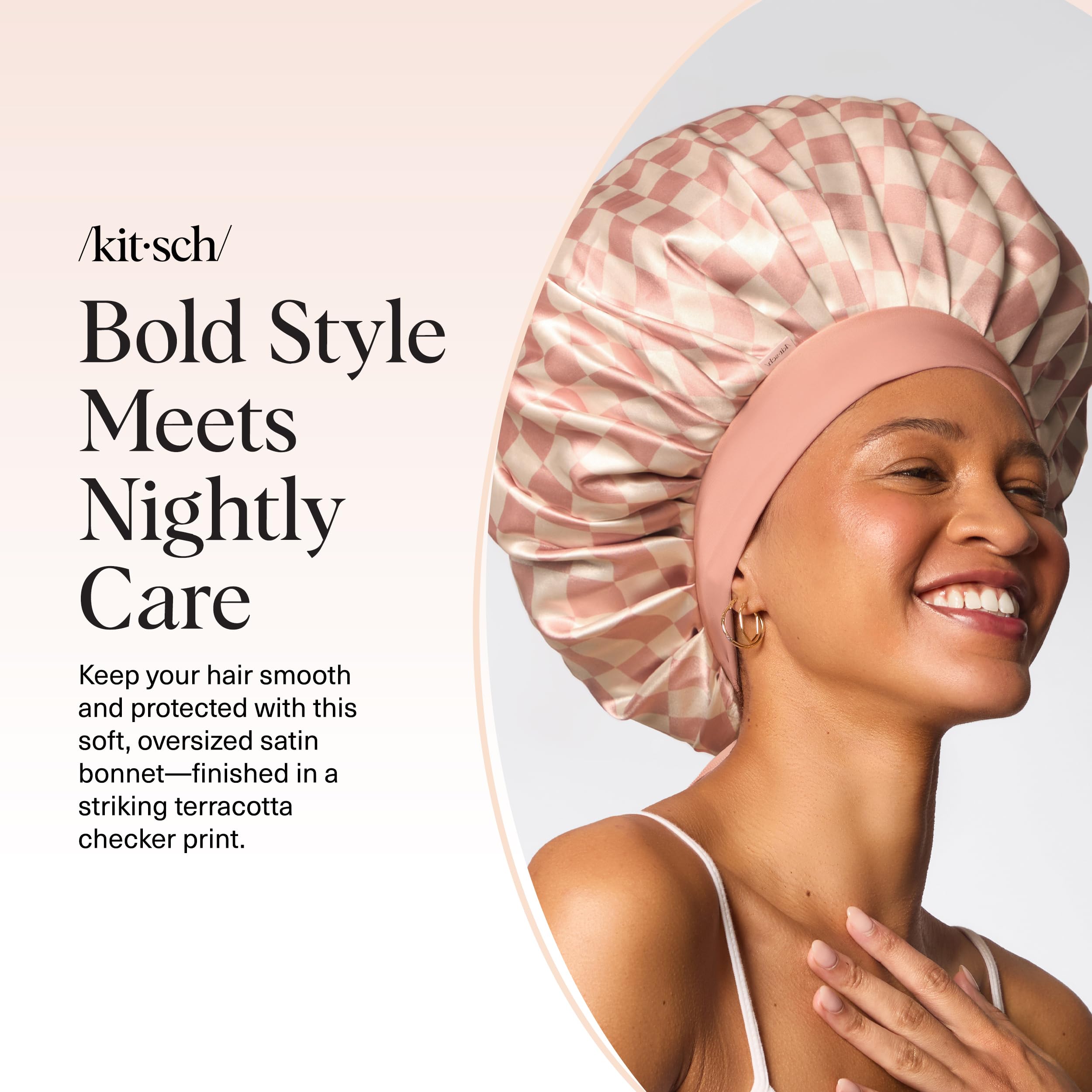 Kitsch XL satin bonnet Terracotta Checker looks stylish and gift-ready.