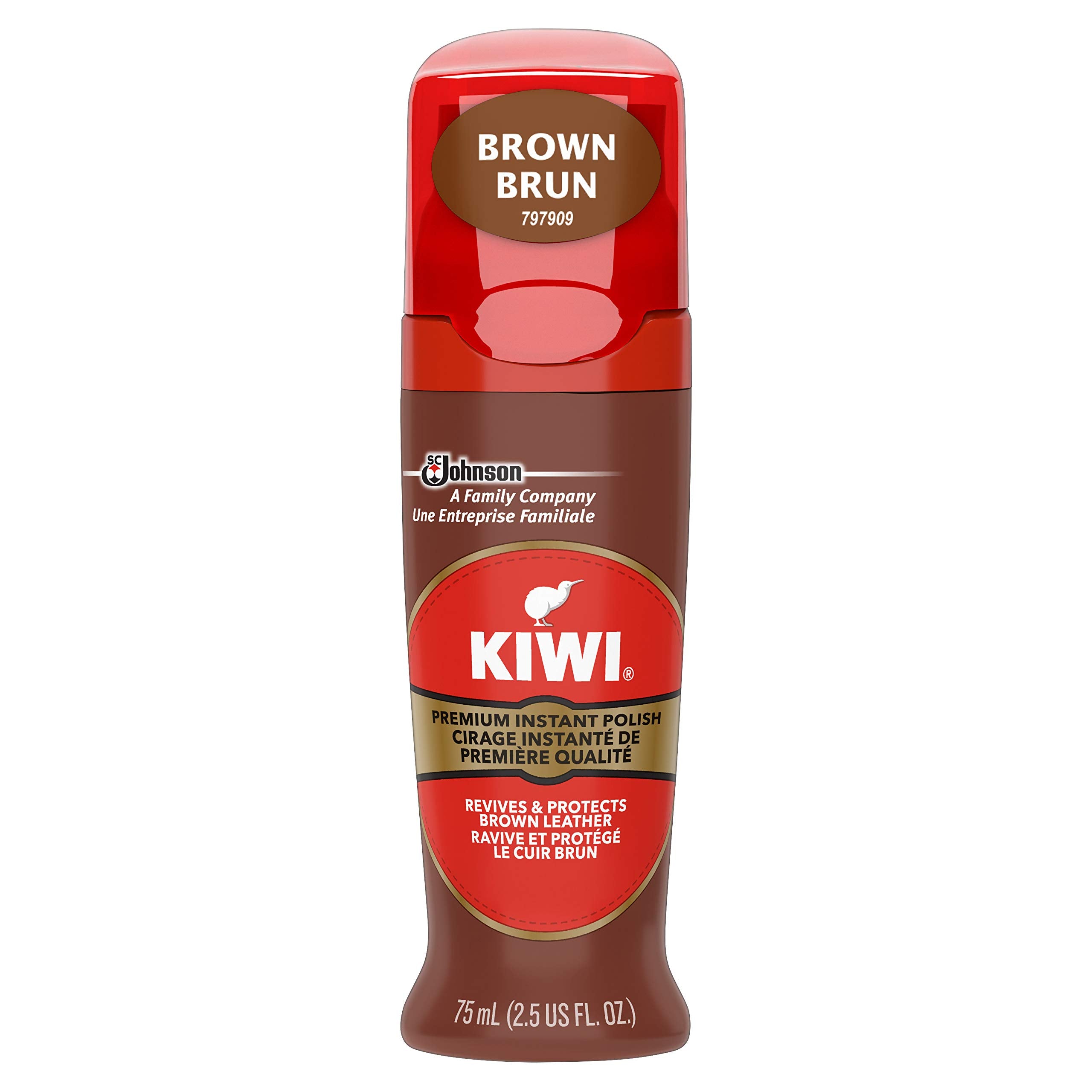 KIWI Instant Shine and Protect brown bottle showing long-lasting leather shine.