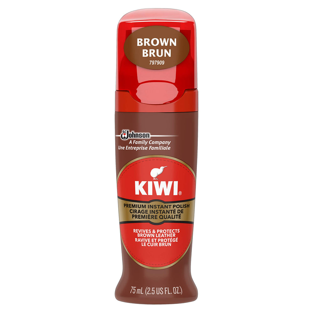 KIWI Instant Shine and Protect brown bottle showing long-lasting leather shine.