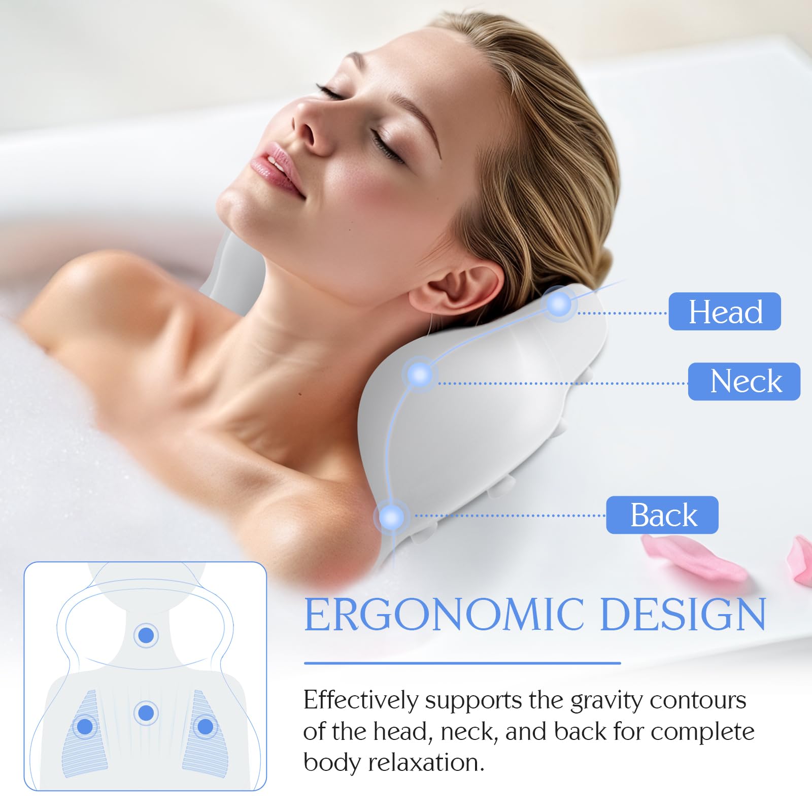 Kixcvdm silicone bath pillow with anti-slip suction cups secured to a smooth tub