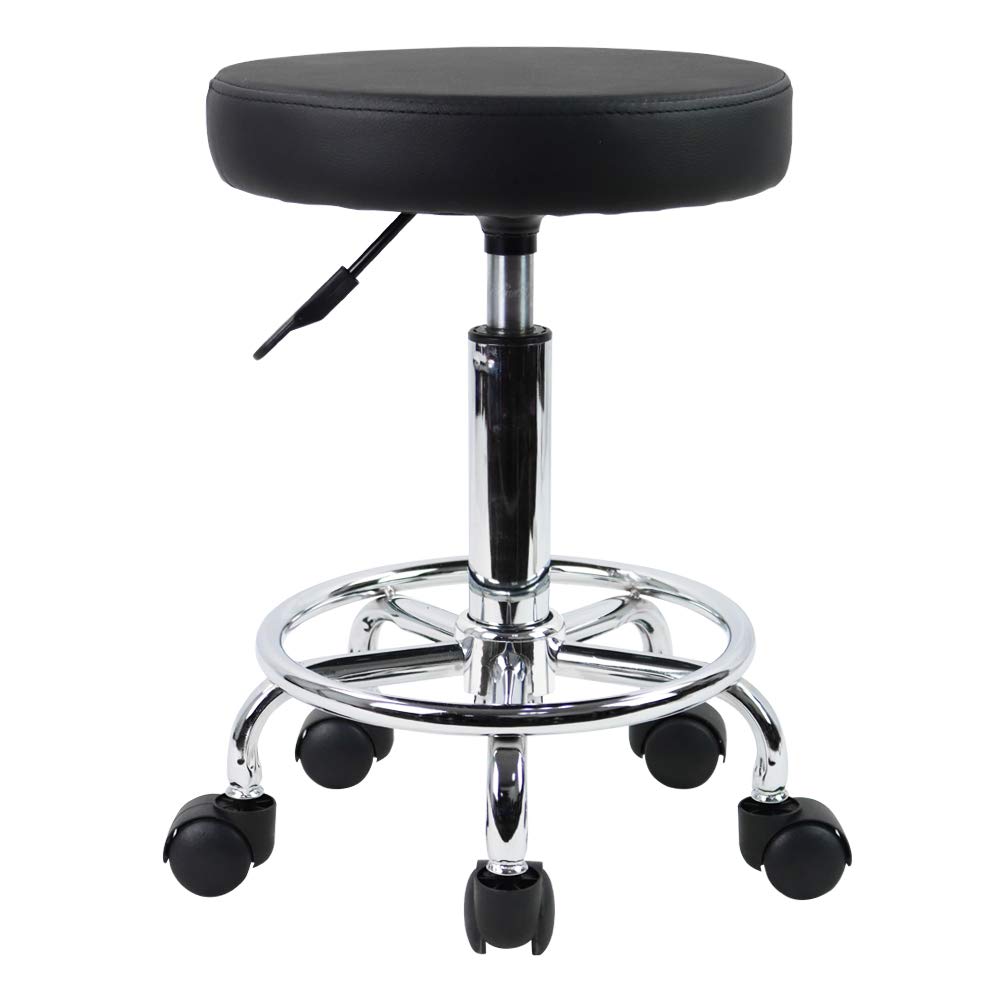 KKTONER PU leather round stool ready for assembly in a compact workspace.