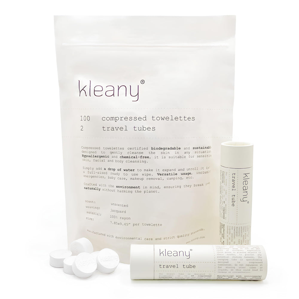 Kleany: expansión al agua de toallas comprimidas para higiene rápida en viaje.