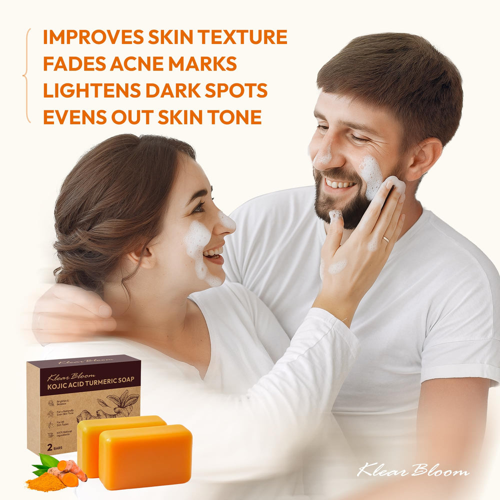 KlearBloom Kojic Turmeric Soap product shot suggests brightened complexion potential.