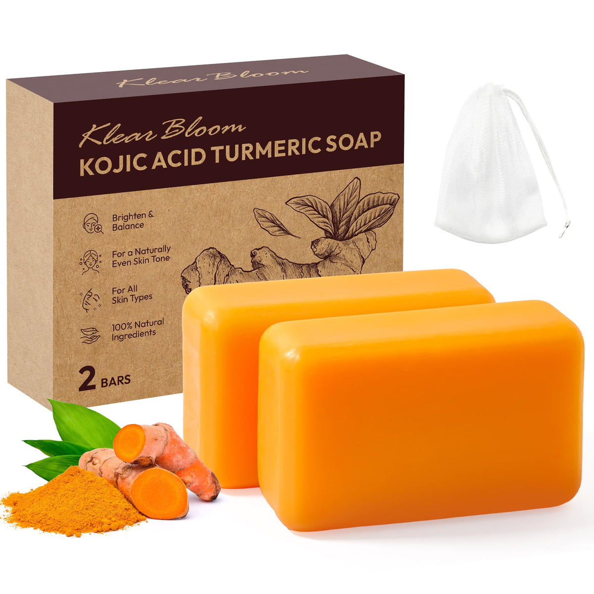 KlearBloom Kojic Turmeric Soap close-up showing dark spots reduction and even tone.