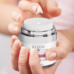 Kleem Organics anti-aging cream on skin—improves texture for a smoother, more even complexion.