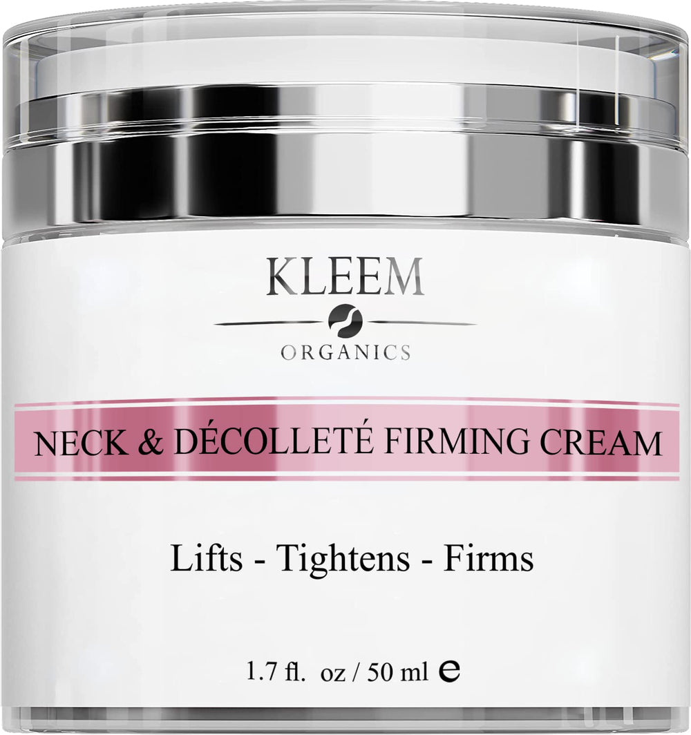 Kleem Organics Neck Firming Cream bottle closeup—retinol moisturizer for neck and décolleté.