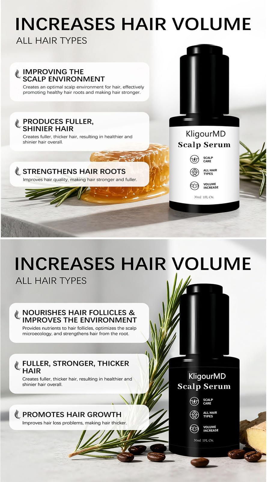 KligourMD hair serum bottle—daily use for stronger-looking hair and reduced breakage.