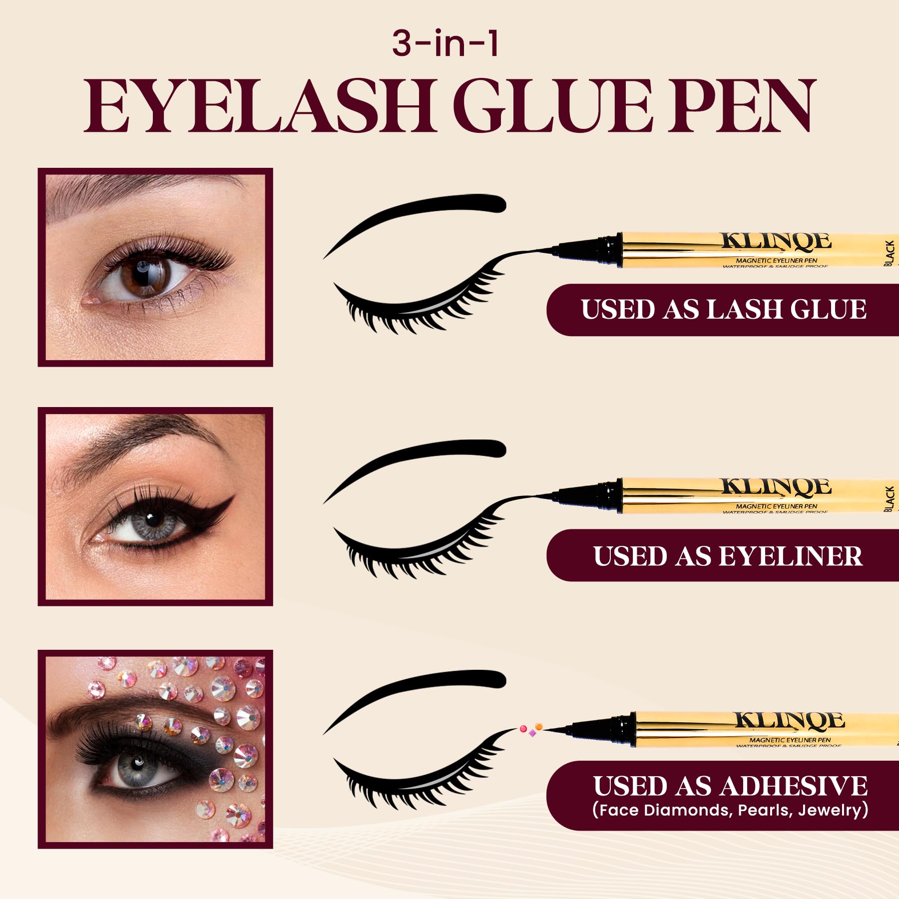 KLINQE Waterproof Hold provides all-day wear without smudging.