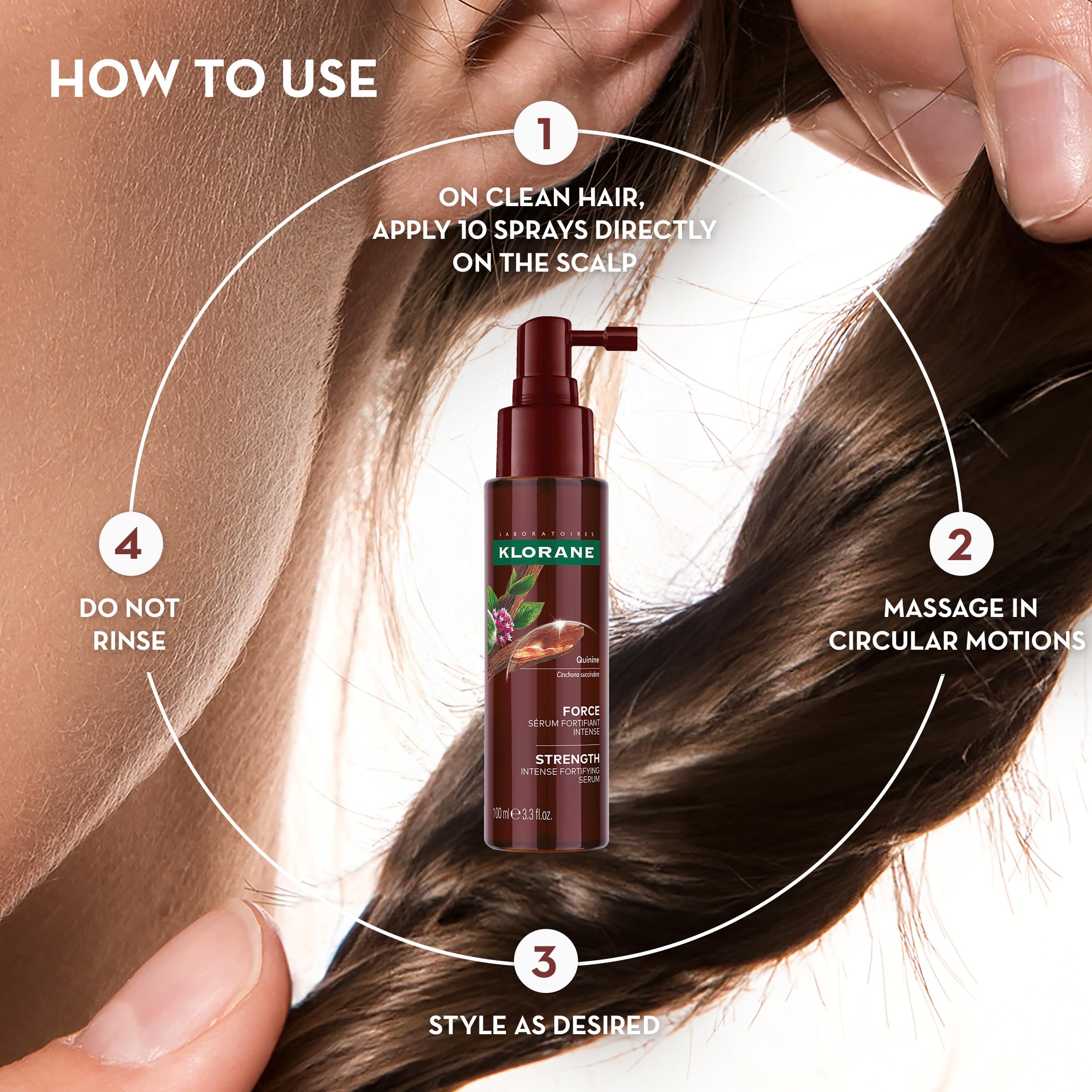 Klorane serum bottle on bathroom shelf conveys premium, everyday care.